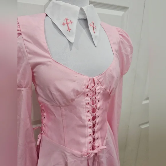 Dolls Kill Pink White Cross Sugar Thrillz Noble Hearted Corset lace up Dress S - Picture 7 of 8